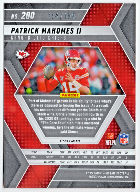 2025 Panini Mosaic Patrick Mahomes II Orange Prizm /199 Chiefs #200 SP MVP 🔥📈 view 2