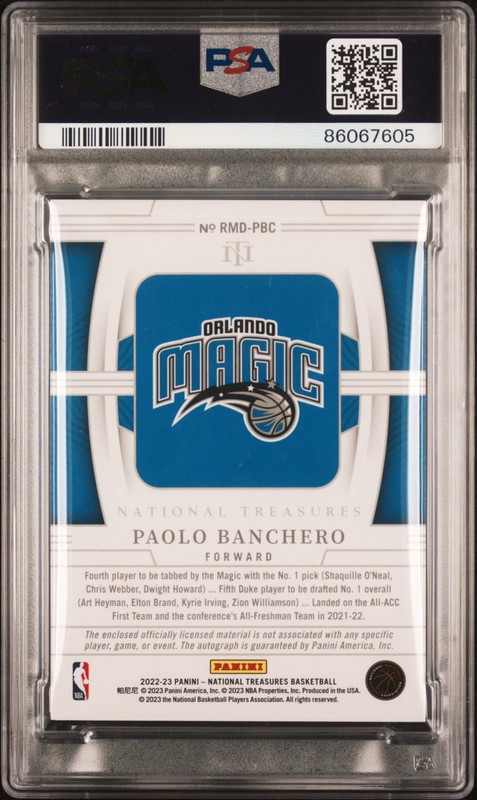 2022 National Treasures Paolo Banchero Rookie Patch Auto /99 PSA 9 / 10 Auto 🔥 view 2