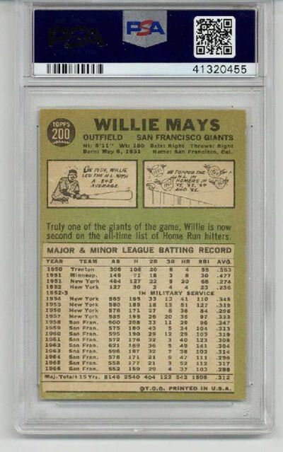 1967 TOPPS #200 WILLIE MAYS CARD GIANTS PSA 5 NICELY CENTERED BEAUTY NEW LABEL view 2