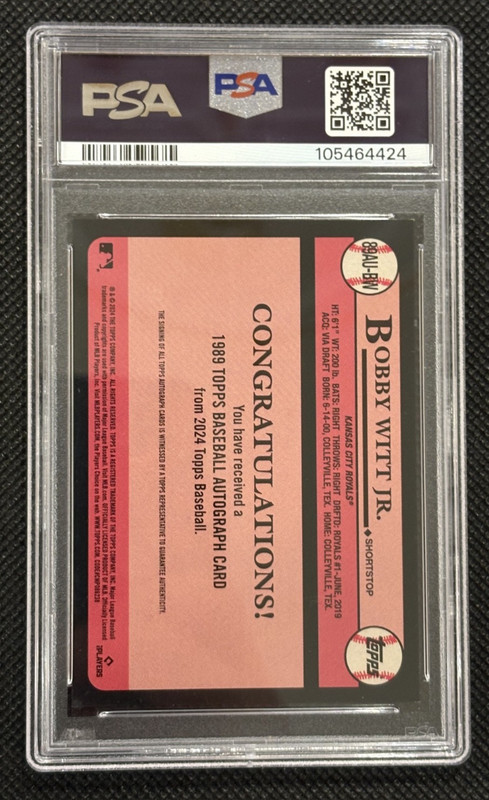 2024 Topps Update Bobby Witt Jr. 1989 Topps Auto PSA 9 view 2