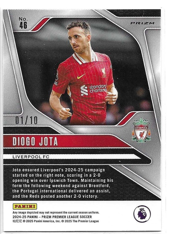 2024 25 Prizm Premier League Soccer Diogo Jota Gold Card No.46 Numbered 1/10! view 2
