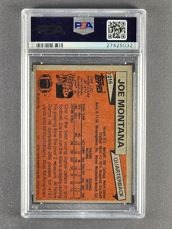 1981 Topps #216 Joe Montana Rookie Card RC PSA 5 EX San Francisco 49ers view 2