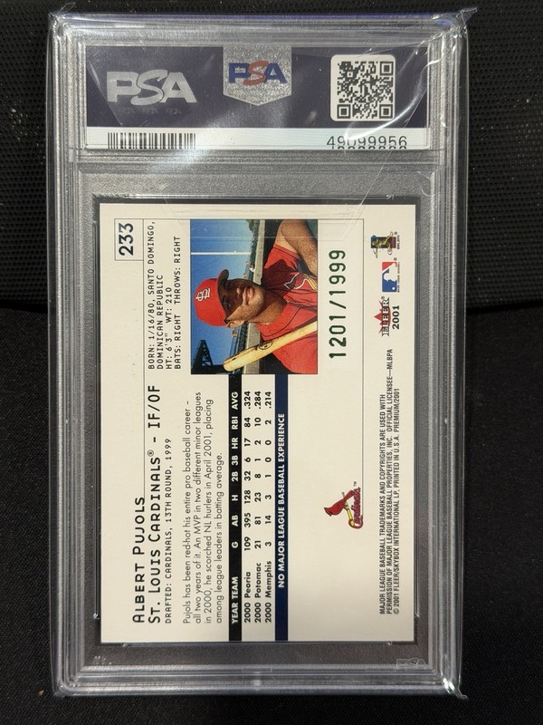 2001 Fleer Premium Premium Prospects 685/1999 Albert Pujols #233 PSA 8 0d08 view 2