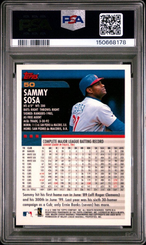 PSA 10 GEM MINT 2000 TOPPS SAMMY SOSA #50 CUBS 68178 B317 view 2