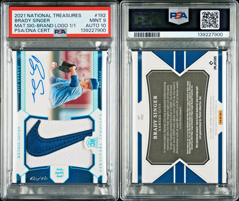 2021 National Treasures Brady Singer Nike Swoosh Patch 1/1 PSA 9 Auto 10 RC SSP