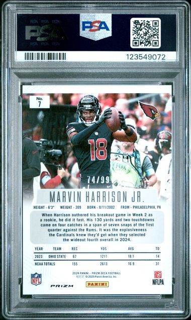 2024 Prizm Deca - Marvin Harrison Jr Purple Prizm /99 Rookie PSA 10 Cardinals #7 view 2