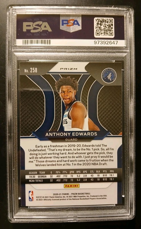 2020 Anthony Edwards Panini Prizm Blue Wave Rookie PSA 10 Wolves 🏆✨️ view 2