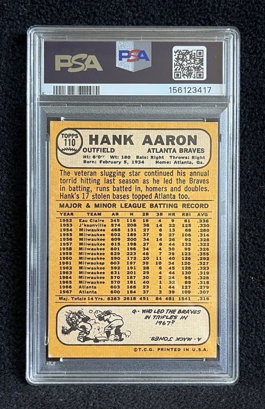1968 Topps Hank Aaron #110 PSA 5 EX Atlanta Braves HOF Vintage Baseball Card view 2