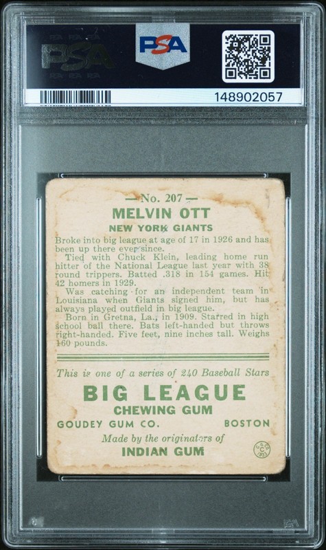 1933 Goudey Mel Ott #207 PSA 1 MK view 2