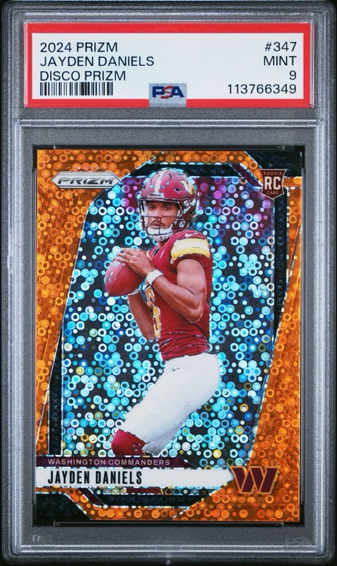 2024 PANINI PRIZM JAYDEN DANIELS #347 ORANGE DISCO PRIZM ROOKIE PSA 9
