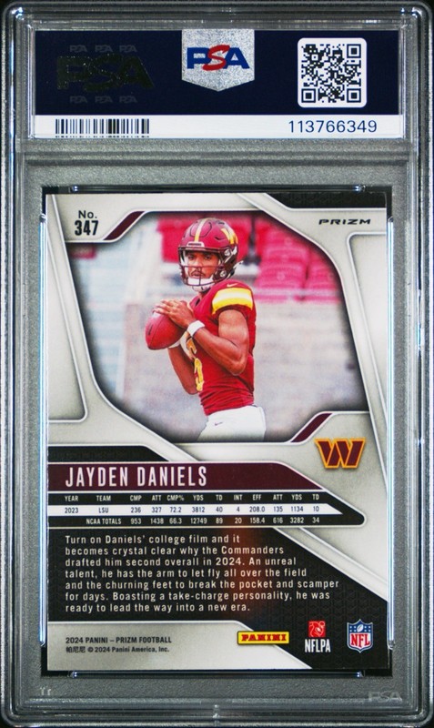 2024 PANINI PRIZM JAYDEN DANIELS #347 ORANGE DISCO PRIZM ROOKIE PSA 9 view 2