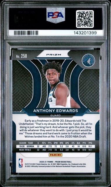 2020-21 Panini Prizm Anthony Edwards #258 Red Ice Prizm (RC) Rookie PSA 9 view 2