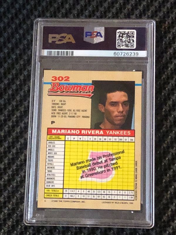 1992 Bowman Mariano Rivera #302 RC PSA 8 view 2
