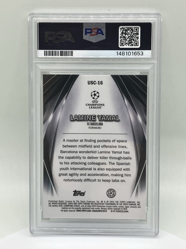 2023-24 Topps UEFA CC Lamine Yamal Ultimate Stage Chrome RC PSA 10 view 2