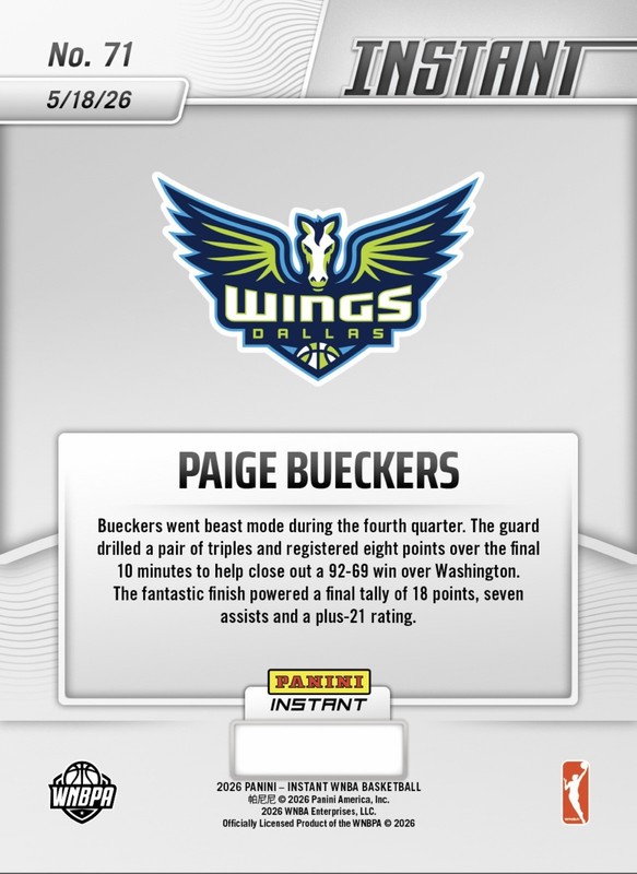 2026 Panini Instant WNBA #71 Paige Bueckers Dallas Wings Citron Mystics PRESALE view 2