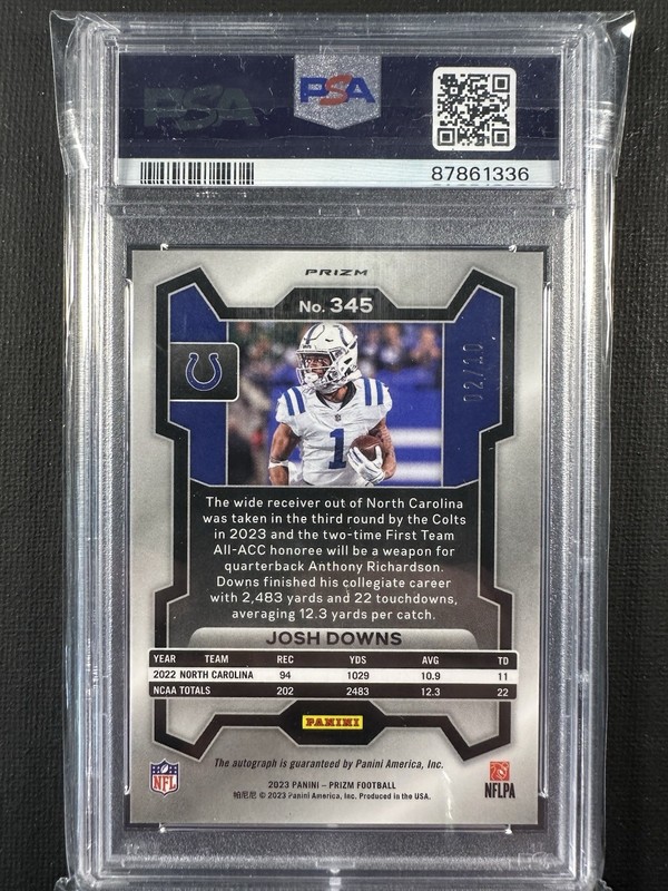 2023 JOSH DOWNS PRIZM GOLD AUTO RC /10 PSA 10 view 2