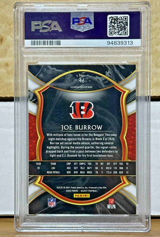 2020 PANINI SELECT JOE BURROW #46 ROOKIE CINCINNATI BENGALS PSA GEM MINT 10 view 2