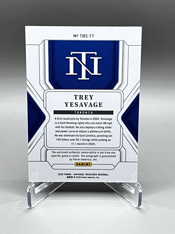 Trey Yesavage 2025 Panini National Treasures /25 Material Auto Platinum 🔥⚾️ view 2