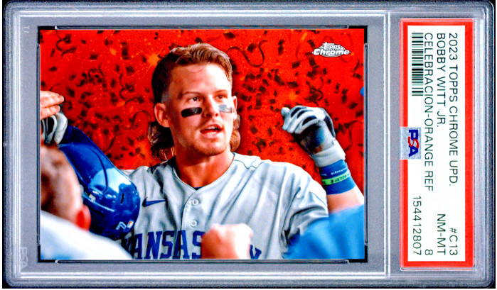 2023 TOPPS CHROME UPDATE CELEBRACION #C13 BOBBY WITT JR. ORANGE REF #/25 PSA 8 