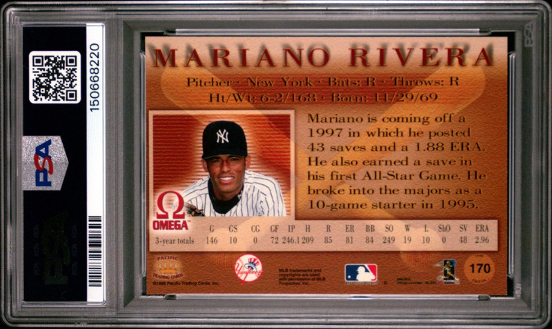 PSA 9 MINT 1998 PACIFIC OMEGA MARIANO RIVERA #170 YANKEES 68220 B254 view 2