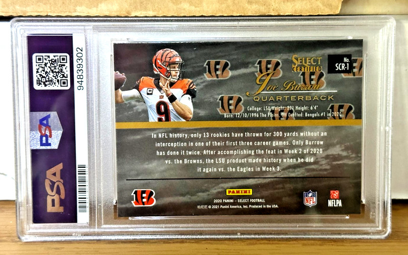 2020 PANINI SELECT JOE BURROW #SCR1 SILVER CERTIFIED ROOKIE BENGALS PSA 9 MINT! view 2