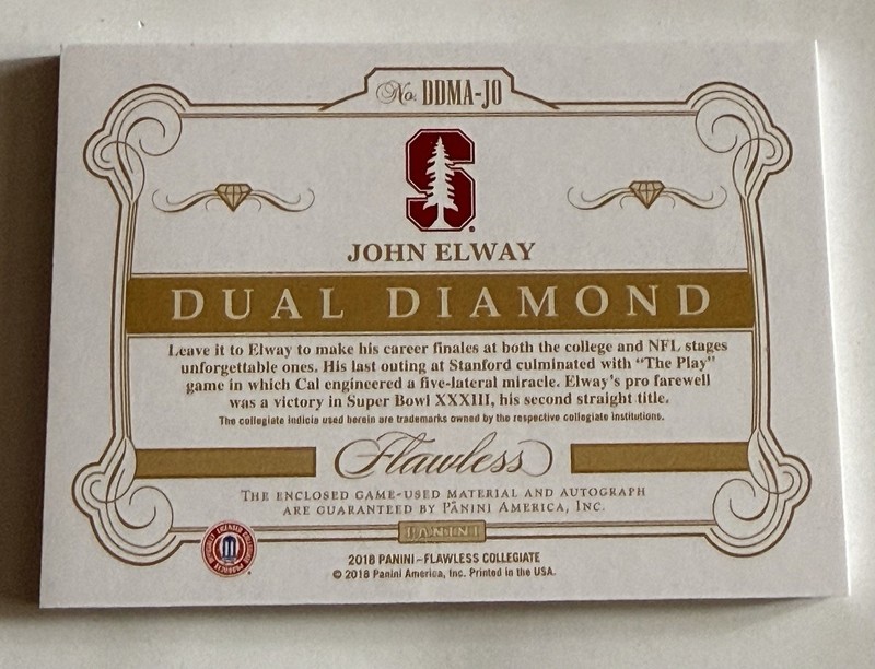 John Elway 2018 Panini Flawless Collegiate Dual Diamond Auto Jersey Card #3/10 view 2