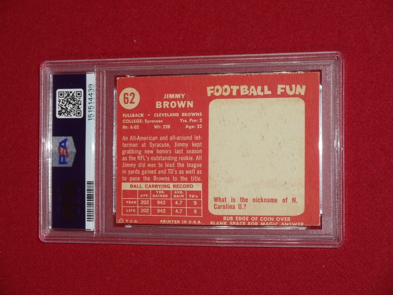 1958 Topps Jim Brown Rookie PSA 4 #62 MC Undergraded 5 Crease Free RC view 2