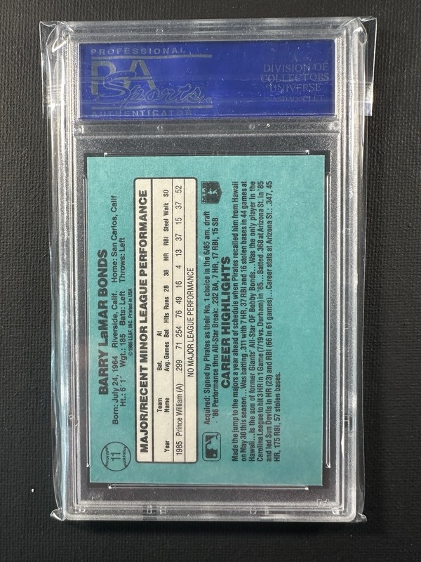 1986 DONRUSS ROOKIES #11 BARRY BONDS PSA 10 view 2