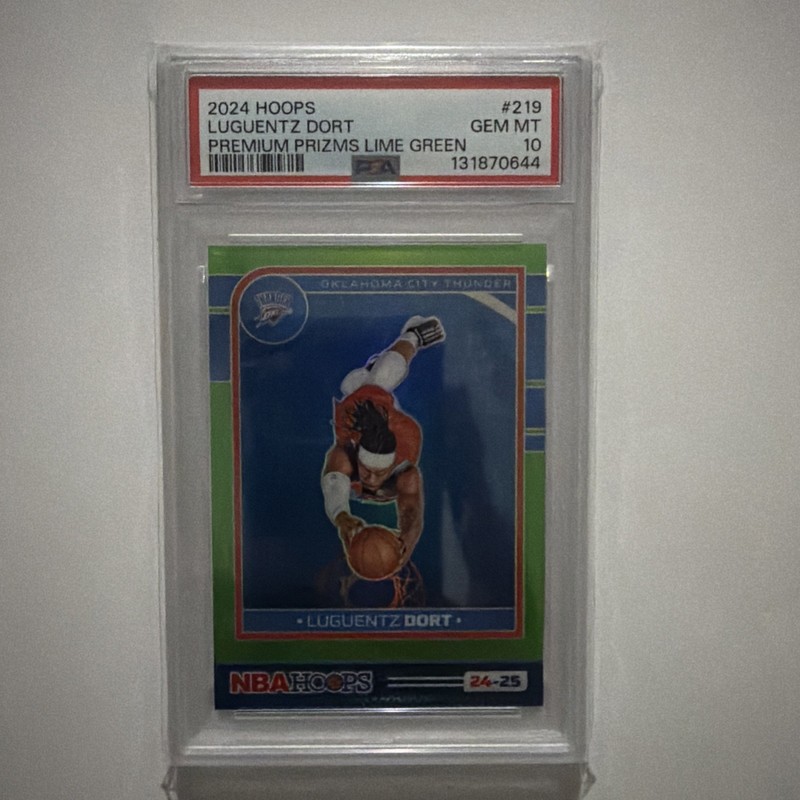 2024-25 NBA Hoops #219 Luguentz Dort, Premium Prizms Lime Green 055/149 PSA 10