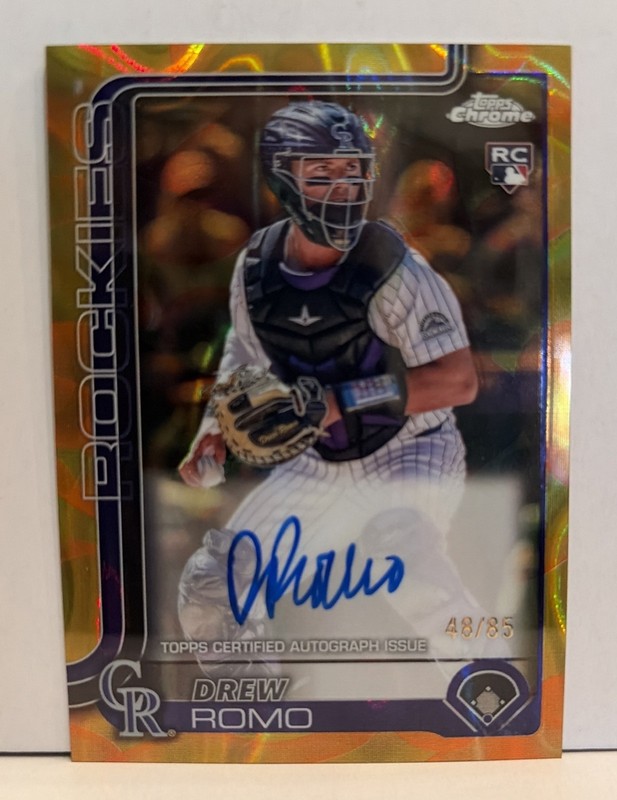 2025 Topps Chrome Update Series #RA-DRR Drew Romo Orange/Gold Lava Lamp /85 Auto