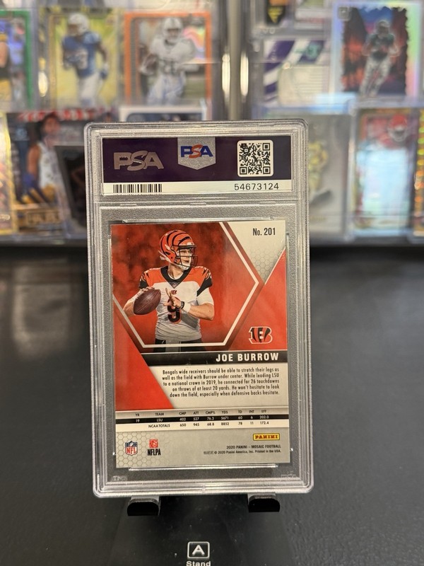 2020 Panini Mosaic Joe Burrow Rookie Card (RC) PSA8 view 2