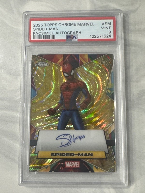 2025 Topps Chrome Marvel Gold Wave Refractor Facsimile Auto/50 Spider-Man PSA 9