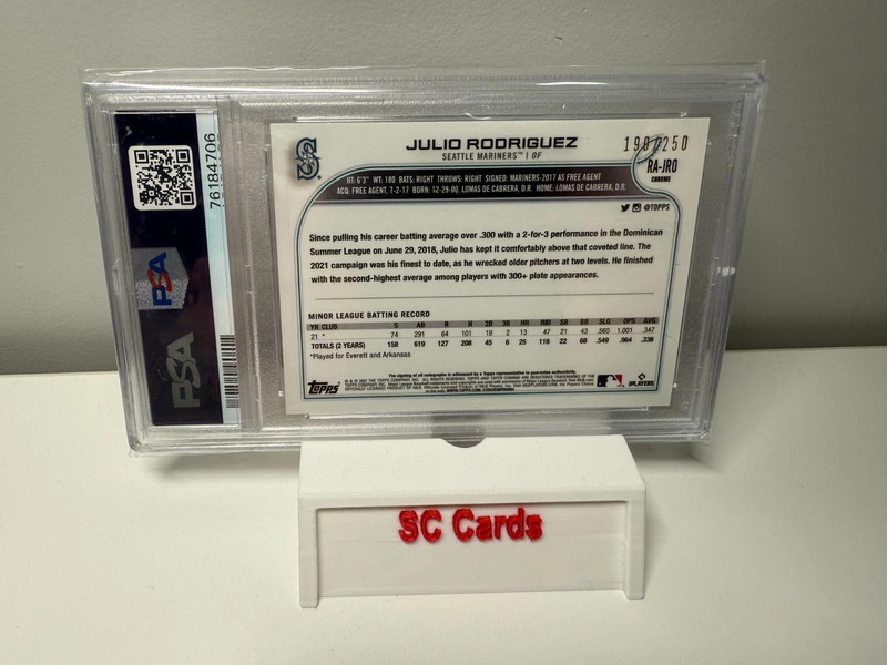 Julio Rodriguez 2022 Topps Chrome Purple Refractor Auto RC /250 #RA-JRO PSA 9 view 2
