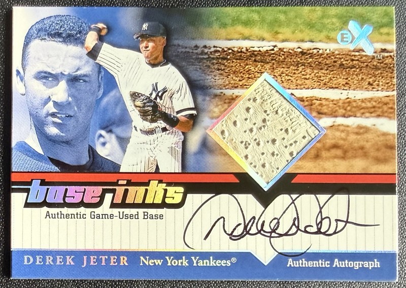 DEREK JETER SIGNED 2001 FLEER EX GAME USED BASE INKS SP SKYBOX MLB BASEBALL AUTO