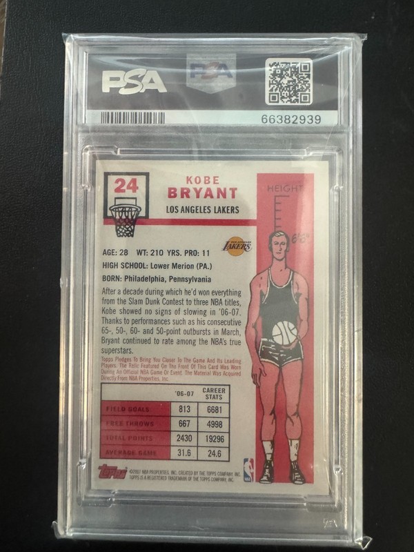 2007 Topps Kobe Bryant 1957-58 Variation Game-Worn Patch #24 PSA 10 Pop 11 Mamba view 2
