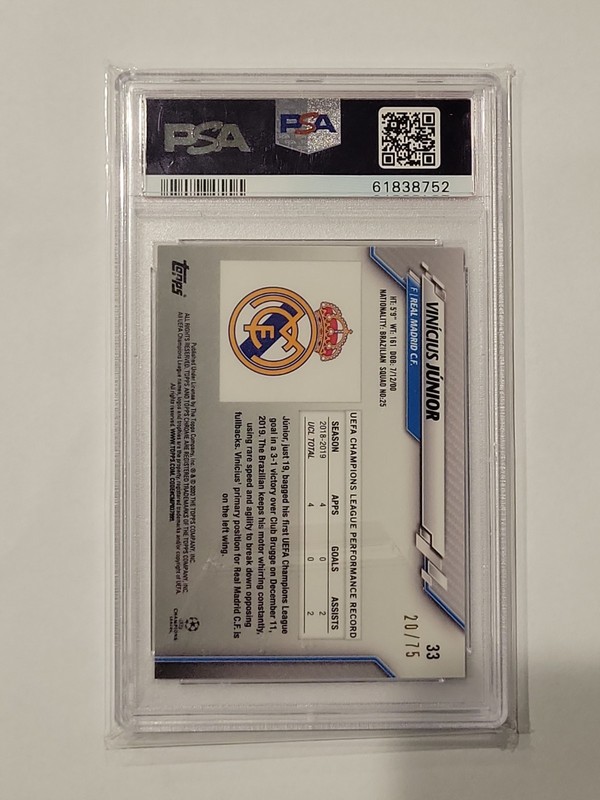 2019-20 Topps Chrome UCL Vinicius Junior Blue Wave PSA 9  /75 RC Brazil view 2