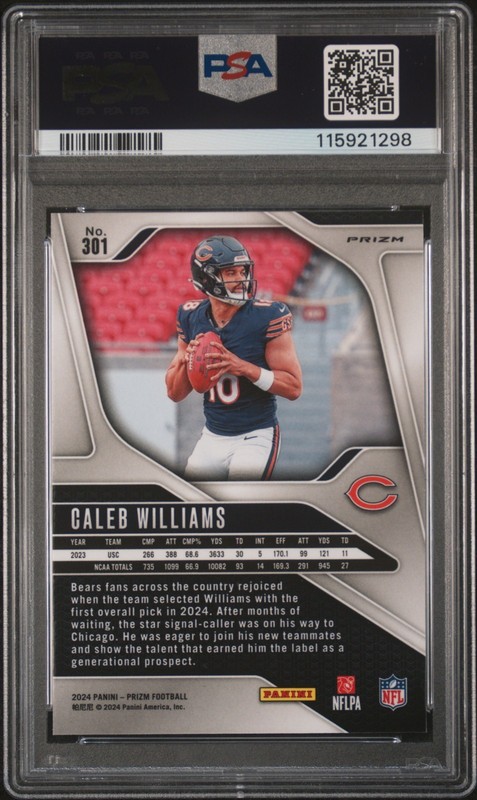 Caleb Williams 2024 Panini Prizm Green Wave RC #301 Rookie Card PSA 10 Bears view 2