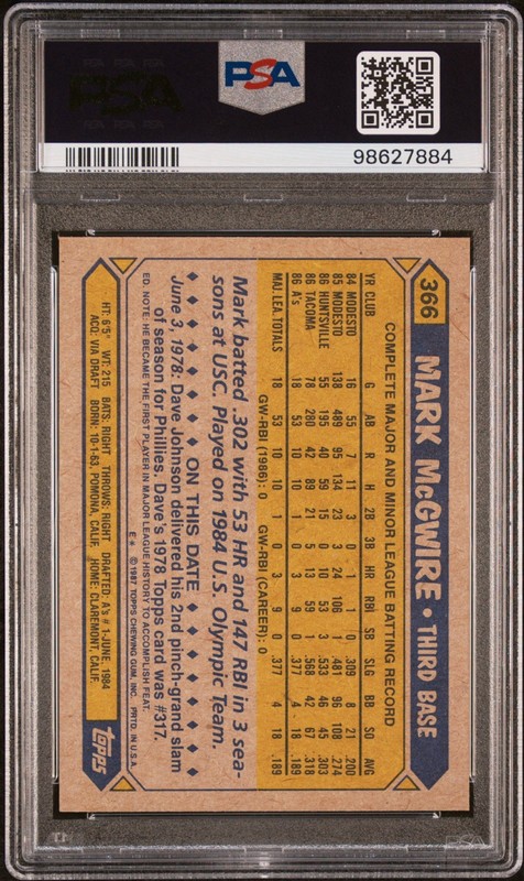 1987 Topps Mark McGwire #366, PSA 9 MINT view 2