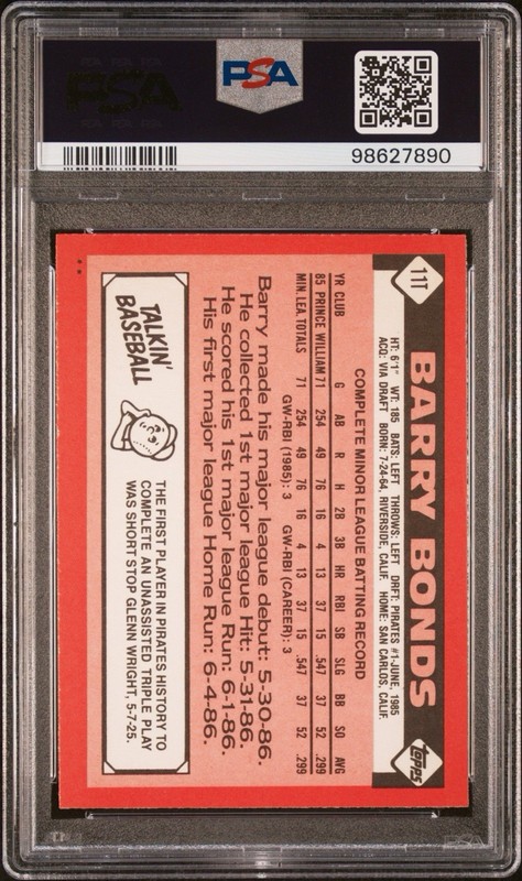1986 Topps Traded Barry Bonds PSA 9 view 2