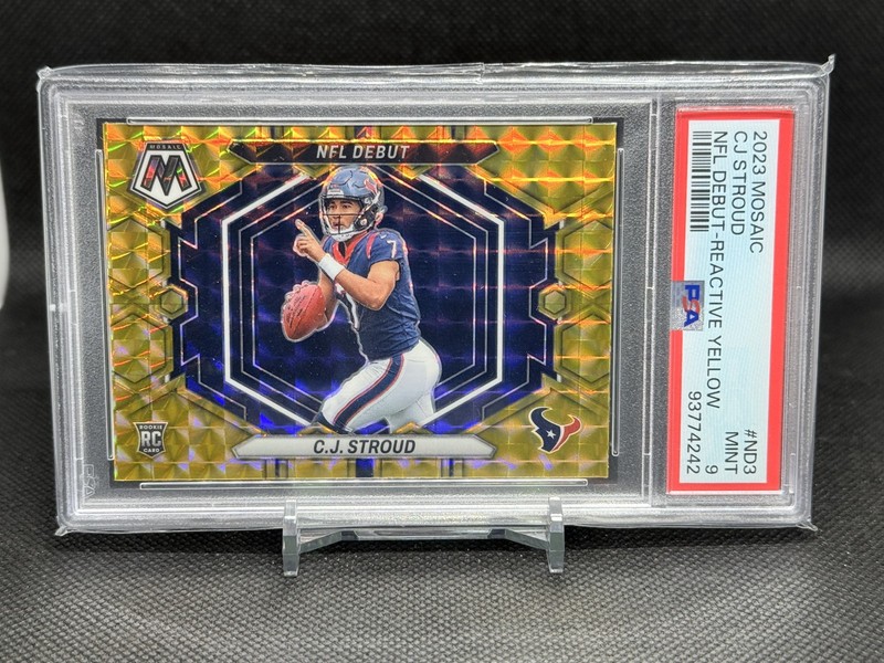2023 Panini Mosaic NFLDebut C.J. Stroud #ND-3 Reactive Yellow Mosaic Prizm PSA 9