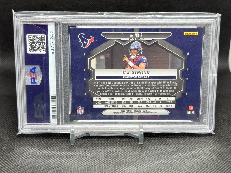 2023 Panini Mosaic NFLDebut C.J. Stroud #ND-3 Reactive Yellow Mosaic Prizm PSA 9 view 2