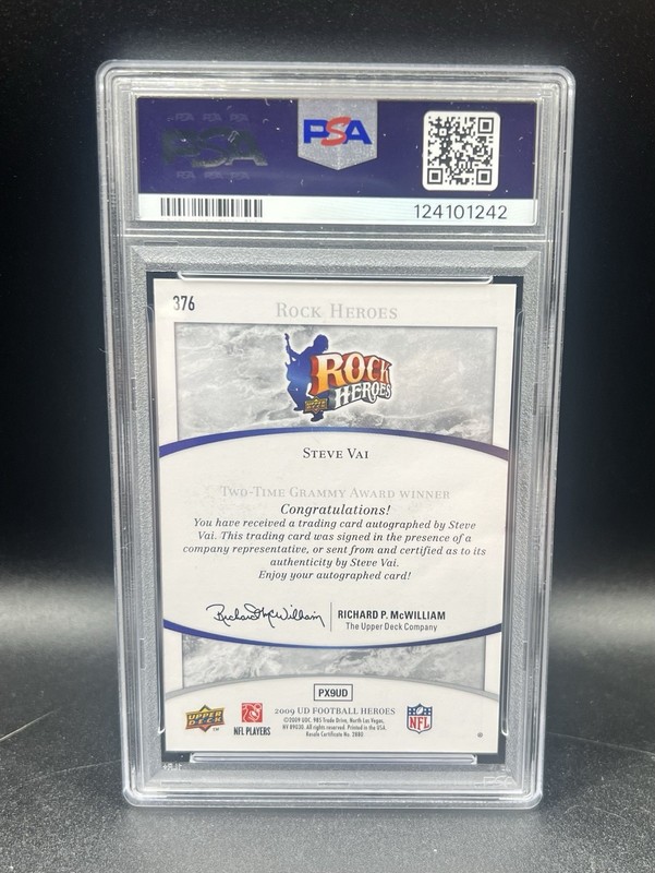 RARE 2009 UD Football Guitar Rock Heroes Steve Vai Auto Autograph PSA 9 #d 42/45 view 2
