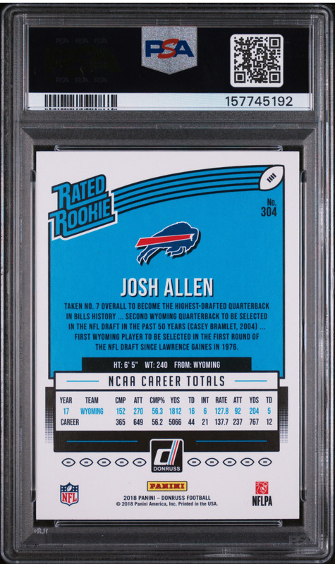 2018 Panini Donruss Josh Allen Rated Rookie #304 PSA 9 MT buffalo bills view 2