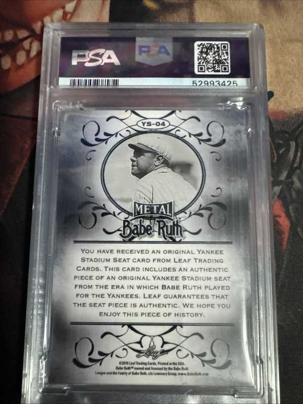 2019 Leaf Babe Ruth Collection Yankee Stadium Seat/3 Psa 9 view 2