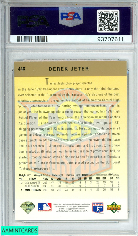 1993 UPPER DECK DEREK JETER #449 GOLD HOLOGRAM ROOKIE PSA 8 NM-MT view 2