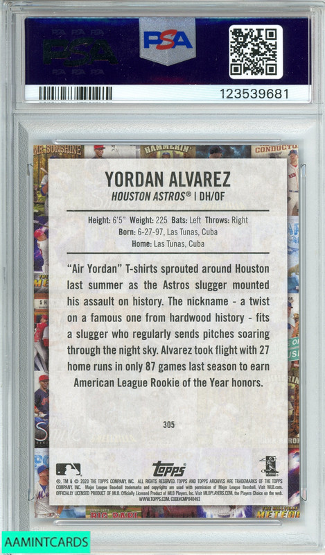 2020 TOPPS ARCHIVES YORDAN ALVAREZ #305 RC PSA 10 GEM MT view 2