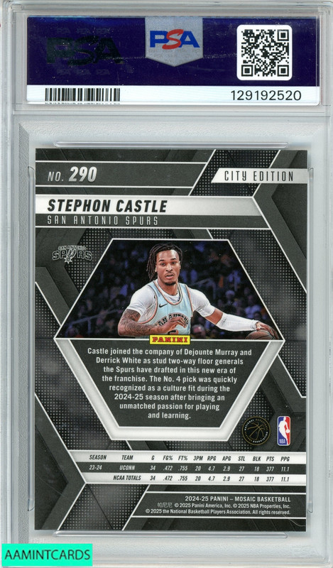 2024 PANINI MOSAIC STEPHON CASTLE #290 SAN ANTONIO SPURS RC PSA 10 GEM MT view 2