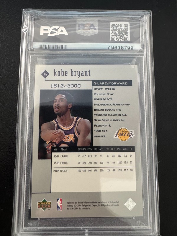 1998-99 Upper Deck UD Black Diamond Kobe Bryant Double /3000 PSA 8 #46 Mamba view 2