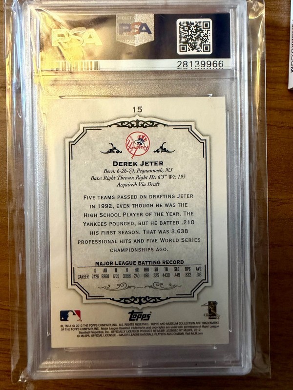 2012 TOPPS MUSEUM COLLECTION BLUE /99 #15 DEREK JETER PSA 10 GEM MT YANKEES HOF view 2