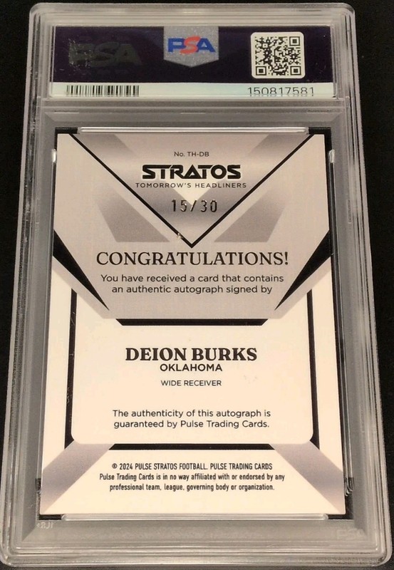 2024 Pulse Stratos Autograph Deion Burks #TH-DB /30 AU, RC COLTS PSA 10 POP 1 view 2
